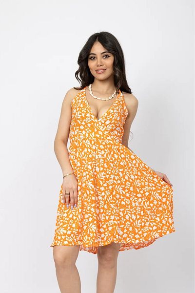 Stil Sepeti Rochie mini portocalie cu imprimeu floral pentru femei, cu bretele cu guler dublu TLL-1000546121
