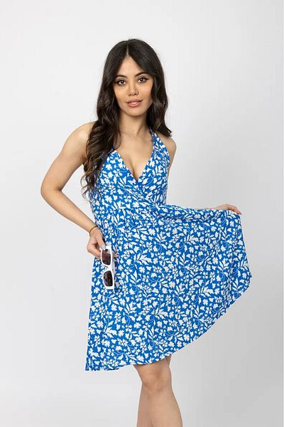 Stil Sepeti Rochie mini pentru femei, albastru, cu imprimeu floral, cu guler dublu, cu bretele TLL-1000546121