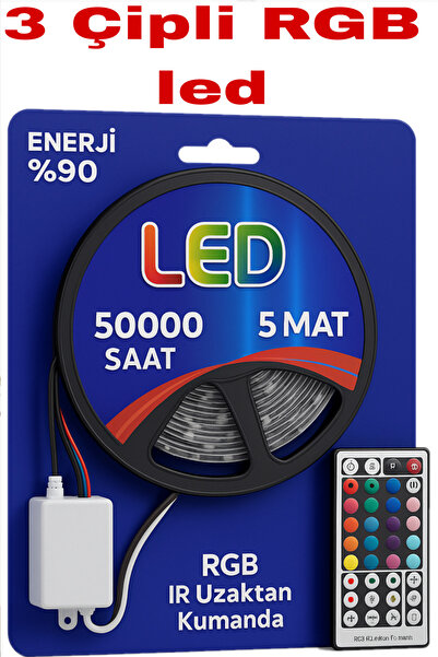 jvx 3 Çipli RGB Şerid Işık Led 5 Metre Kumandalı Adaptörlü 16 Renk 50000 Saat...