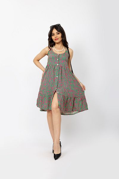 Stil Sepeti Women Pink Floral Patterned Strap Buttoned Slit Detail Mini Dress Tll-1000546120