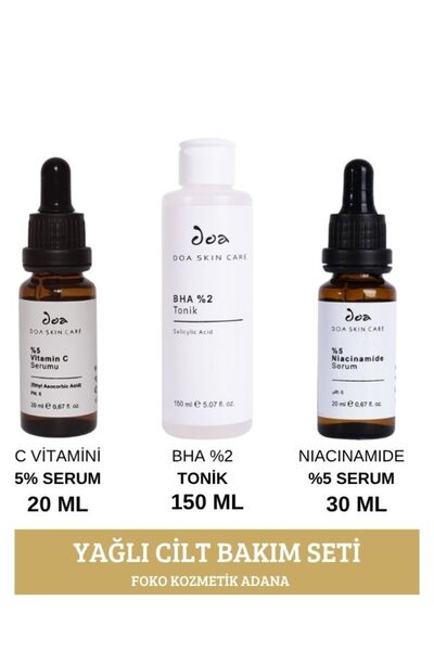 DOA KOZMETİK Yağlı Ciltler İçin Cilt Bakım Seti: C Vitamini %5 Serum & BHA %2...
