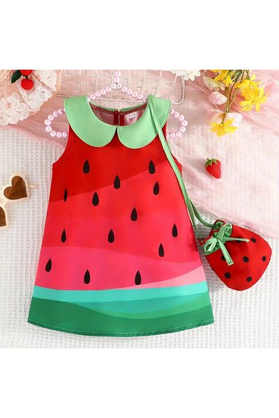 darko Strawberry Red Green Watermelon Sleeveless Bag Set 2 Piece Set Cute Baby Girl Dress Bag Eid Holiday