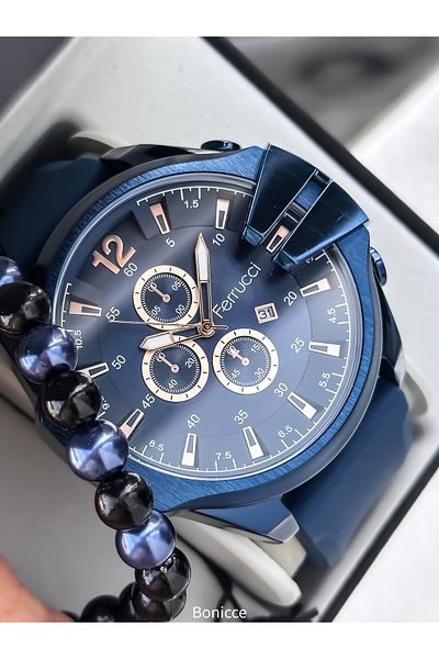 Ferrucci Dark Blue Silicone Cord, Large Case (56mm) Sports Model Men's Wristwatch with Calendar + Bracelet