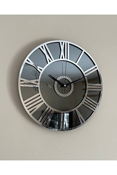 byMelekoğlu Silver Color Mirrored Wall Clock, Roman Numeral Clock 40 cm