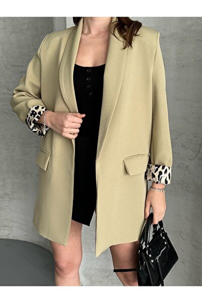 aytenli Oversize Double Leopar Astarlı Düğmesiz Cepli Uzun Blazer Ceket