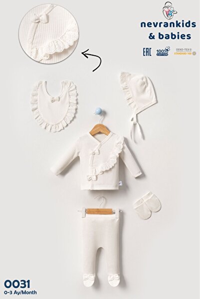 nevrankids Kız Bebek Yeni Doğan Dantel Detaylı Laura Şapkalı 5'li Hastane Çıkış Seti