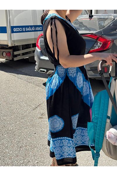 Sobe Hediyelik Rochie de vară fără mâneci din viscoză cu imprimeu etnic albastru – talie elastică, spate decoltat, potrivire confortabilă