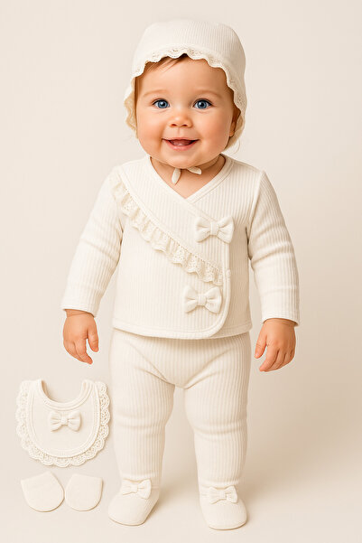 nevrankids Kız Bebek Yeni Doğan Dantel Detaylı Laura Şapkalı 5'li Hastane Çıkış Seti