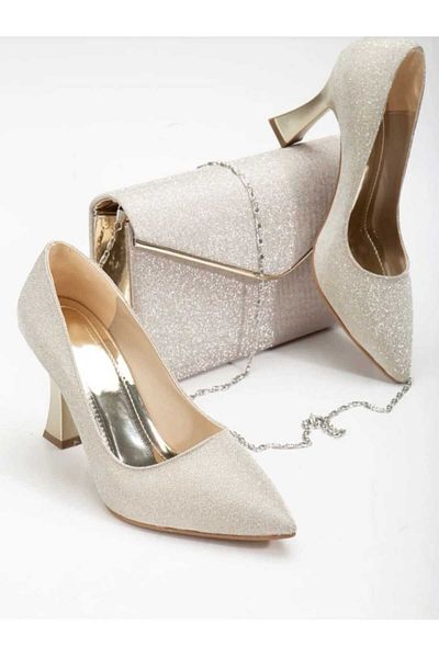 FHM AYDOGDU Gold Glitter Sparkly Heeled Shoes with Bag - 10320