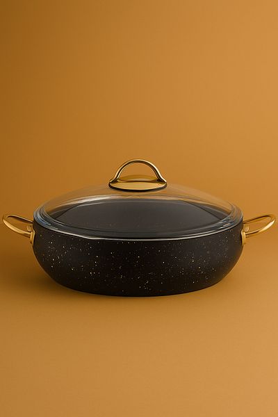 YUNUSOĞLU HOME 28 cm Flattened Stew Pot – 3.5 Liters, Gold Handle, 4 mm Granite Coating, Fireproof Non-Stick