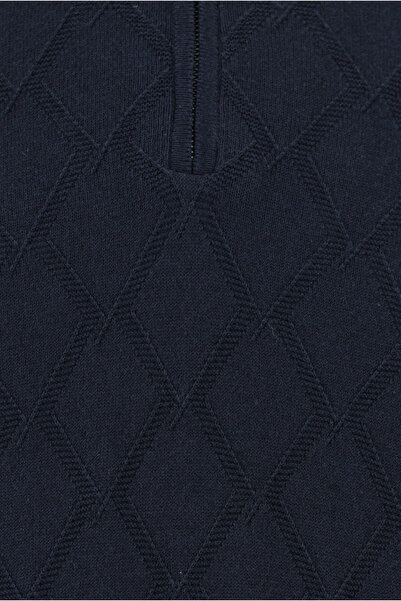 Abdullah Kiğılı Bato Yaka Regular Fit Fermuarlı Desenli Pamuklu Kaşmirli Triko Kazak