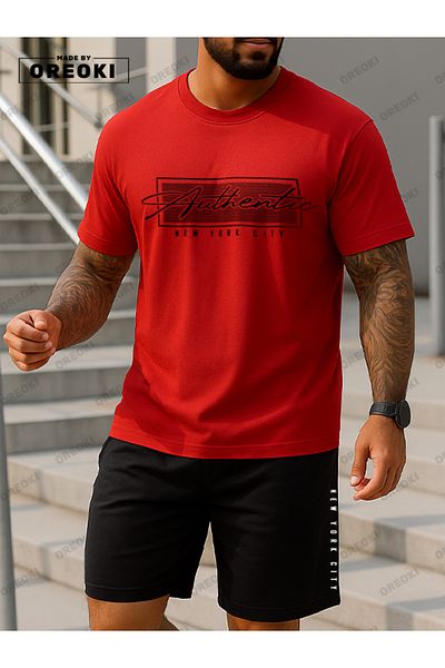 EFFRENATU Authentic Printed Cotton Fabric Men's Red T-Shirt-Black Shorts Set
