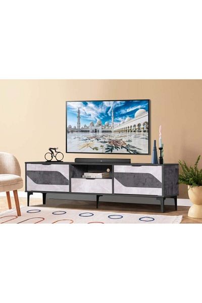 Generic Rectangular TV Table 160 cm Malaysian Wood 3 Storage Drawers Dark Gray