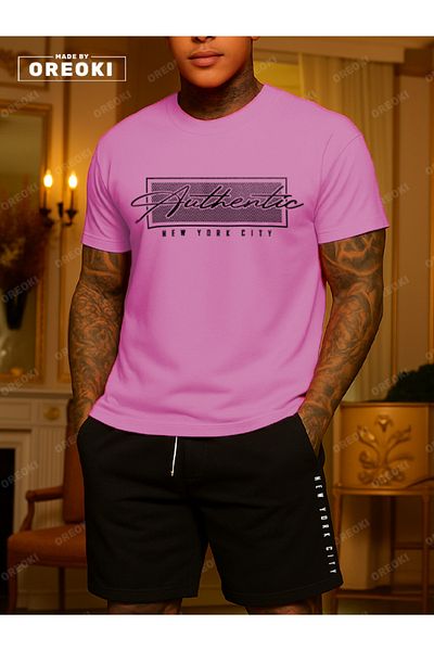 EFFRENATU Authentic Printed Cotton Fabric Men's Pink T-Shirt-Black Shorts Set