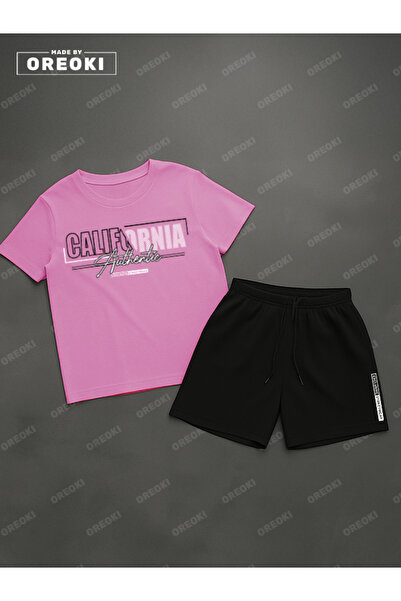EFFRENATU California Authentic Printed Cotton Fabric Men's Pink T-Shirt-Black Shorts Set