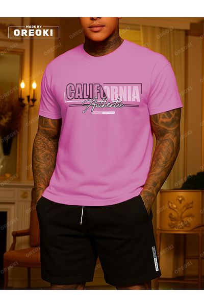 EFFRENATU California Authentic Printed Cotton Fabric Men's Pink T-Shirt-Black Shorts Set
