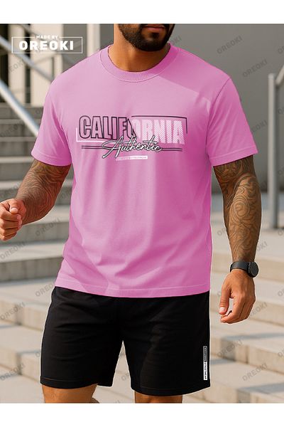 EFFRENATU California Authentic Printed Cotton Fabric Men's Pink T-Shirt-Black Shorts Set