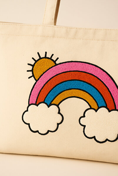 Rell Home Лятна чанта с дъга мотив, бродирана с перфоратор, плажна чанта 45x32 cm
