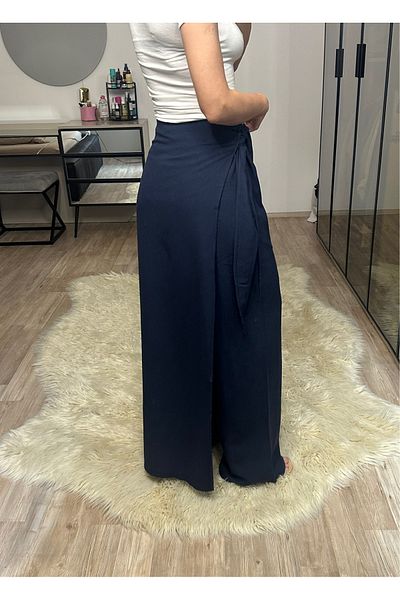 NET OF NOT Isla Navy Blue Bamboo Linen Adjustable Belted Trousers with Flap Front and Back Suitable for Hijab