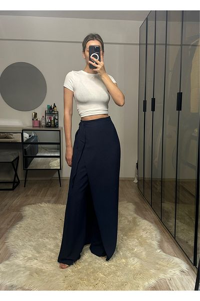 NET OF NOT Isla Navy Blue Bamboo Linen Adjustable Belted Trousers with Flap Front and Back Suitable for Hijab