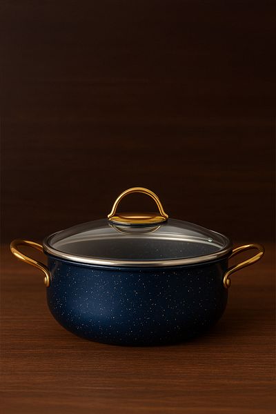 YUNUSOĞLU HOME 30 cm Deep Granite Pot – 7.5 Liters, Gold Metal Handle, Aluminum Base, Glass Lid