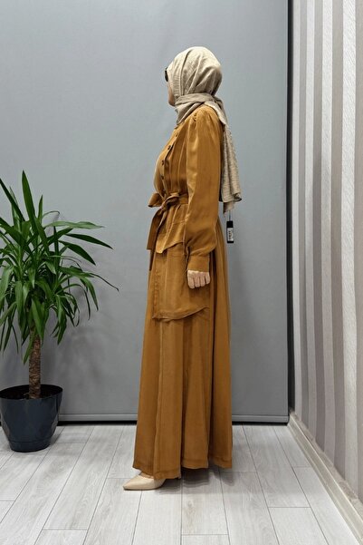 MissWhence Button and Pocket Detailed Cupra Silk Dress Mustard 37805