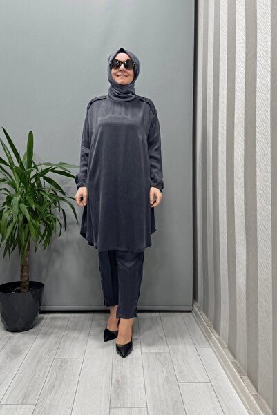 MissWhence Satin Silk Tunic Pants Set Anthracite 37017