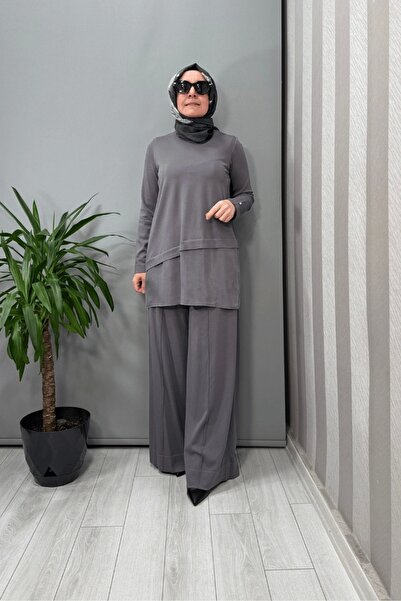 MISS DALIDA Front Stitching Detailed Wide Leg Knitwear Trousers Anthracite T25Y-7009