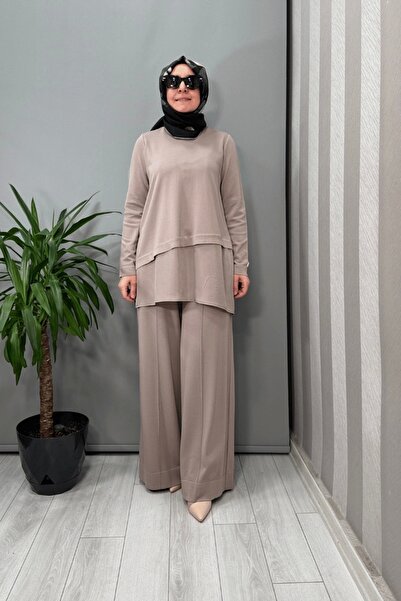 MISS DALIDA Wide Leg Knitwear Trousers with Front Stitching Detail Mink T25Y-7009