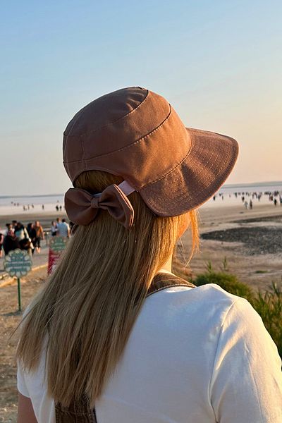 Hat Town Bow Detailed Linen Bucket Women's Hat