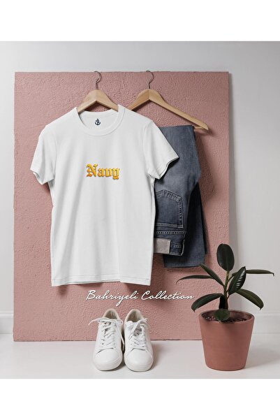 Bahriyeli Collection Oversize Navy Text Bold Gold Designed Unisex T-Shirt