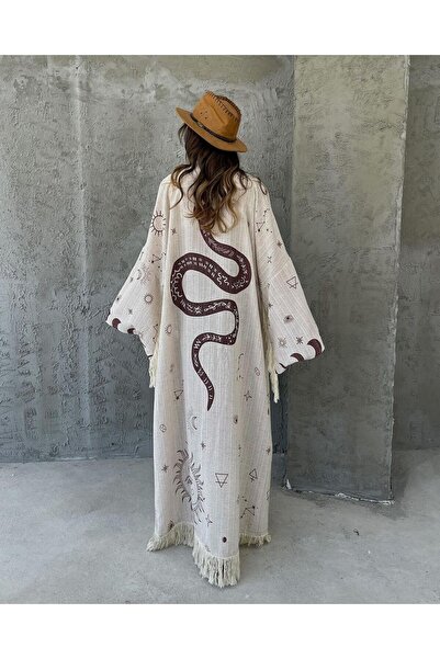 FASHION COCKTAIL Bohemian Beach Kimono - Snake Astrology και Star Map με φούντες, φυσικό ύφασμα