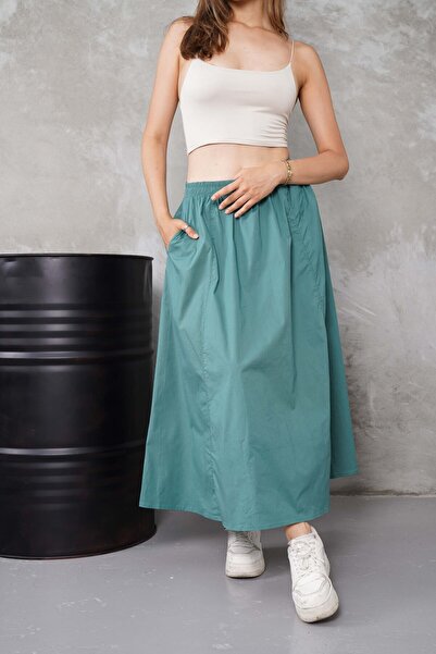 Gülmude Fusta lungă cu talie elastică, buzunar din flanel, fustă sezonieră din țesătură popelină (90 cm)