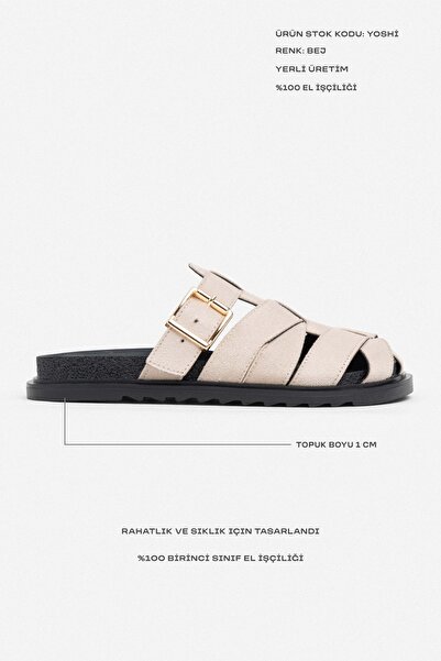 NİŞANTAŞI SHOES Dámské pantofle Yoshi Beige Suede Belt Buckle Detailed Flat Sole
