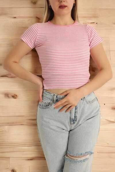 Aslında Look Блуза с къс ръкав, райета и кръгло деколте, изработена от ликра,...