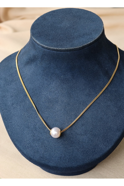 FİRST JEWELRY İnci Top Çelik Gold Takı Sarı Kadın Kolye