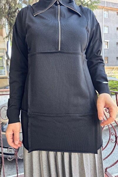 MissWhence Black Zippered Knitwear Tunic - 36013