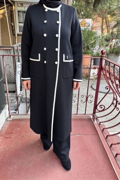 MISS DALIDA Long Cardigan with Two Pockets Color Stripe Black T25K-9004