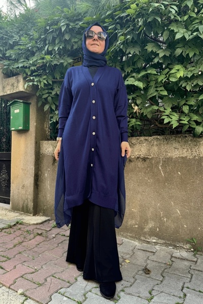 Ghisa Light Navy Blue 5Kobhrk3669 - Chiffon Sweater Cardigan