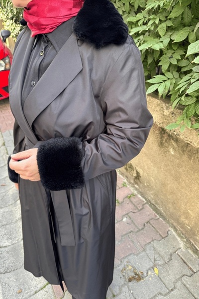 MISS DALIDA Furry Knitwear Lined Trench Coat Black T25K-8005