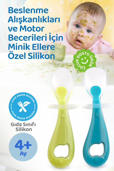 Guqqo Silikon Bebek Mama Kaşık Seti, Diş Kaşıyıcı, 2 Li Set, Mavi Yeşil