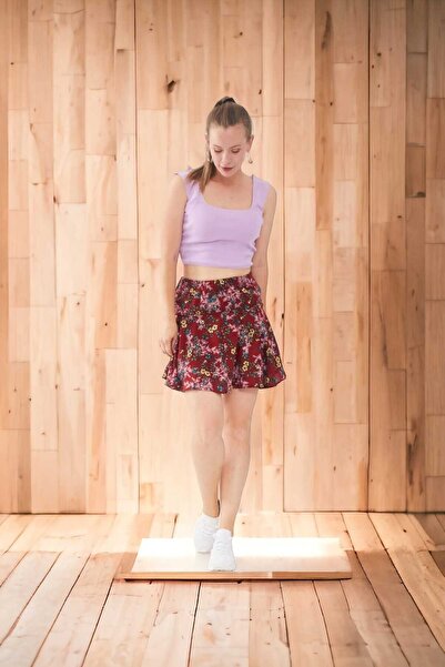 Aslında Look Çiçek Desenli Beli Lastikli Etek Şort Etek Şortlu Etek Fırfırlı Etek Mini Etek Midi Etek