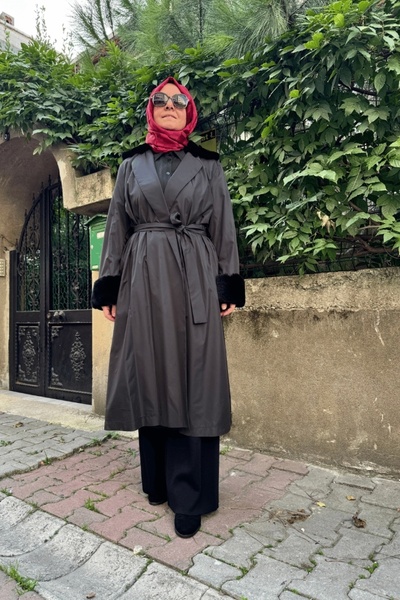 MISS DALIDA Furry Knitwear Lined Trench Coat Black T25K-8005