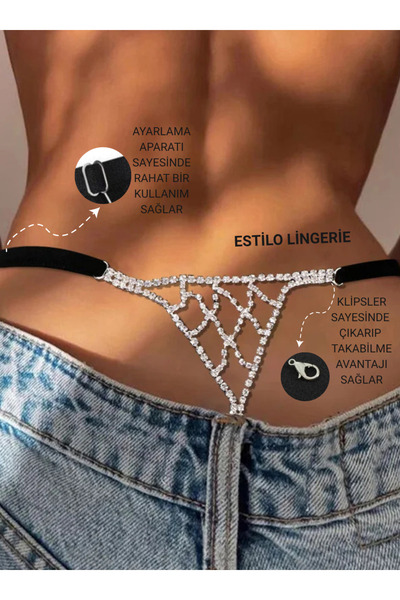 Estilo Lingerie Βραζιλιάνικο εσώρουχο με ρυθμιζόμενο ιμάντα μέσης, βραζιλιάνικο τανγκά με στρινγκ με πέτρες