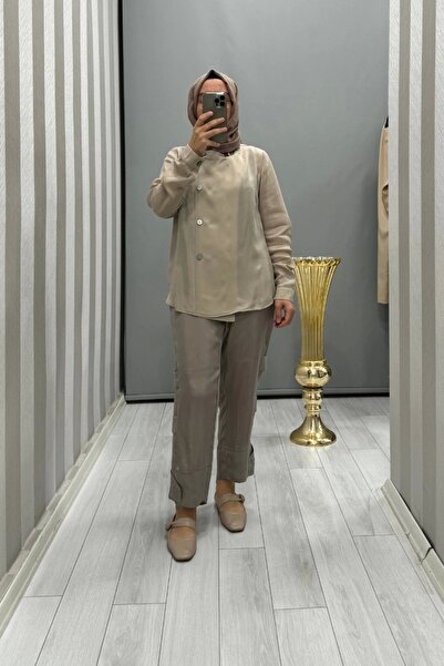 MissWhence Stone Color Silk Trousers - 35121 Model