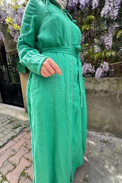 MissWhence Green Linen Top Coat - Zipper Detailed 35517