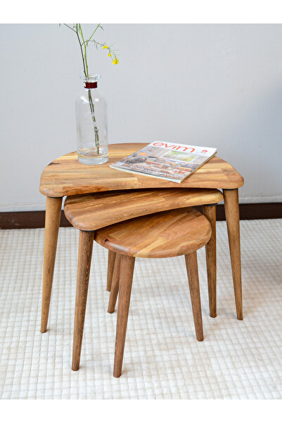 hwcfurniture Masif Ahşap 3'lü Zigon Sehpa Seti - Modern Masif Yan Sehpa