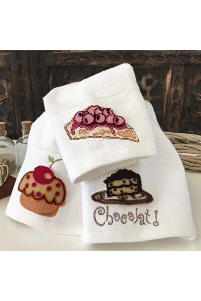 MARİBOR Kaçamak 2 - منشفة مطبخ مطرزة 70% بامبو / 30% قطن - كريم مجموعة 3 قطع 30x50