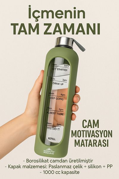 North Pacific Motivational Glass Water Bottle 1 Liter - Borosilicate Bottle with Hourly Goals