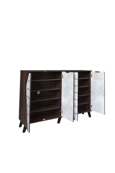 Generic Large Shoe Cabinet 2 Sections Malaysian Wood 5 Shelves, Dark Brown and Gray